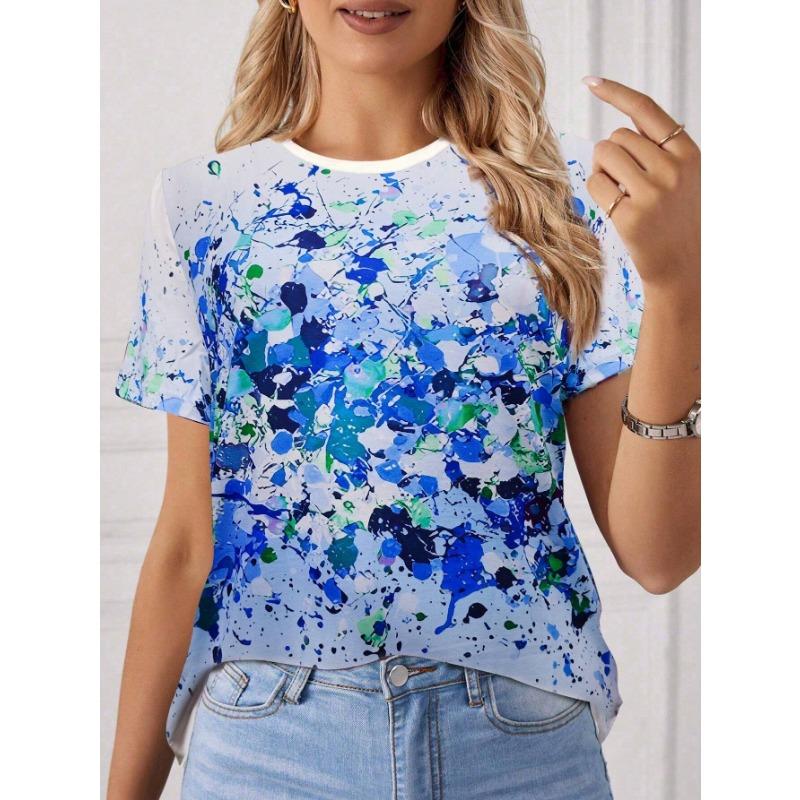Summer Round Neck 3D Colorful Paint Splatter Print T-shirts Fashionable Casual Short Sleeved Women's T-shirts
