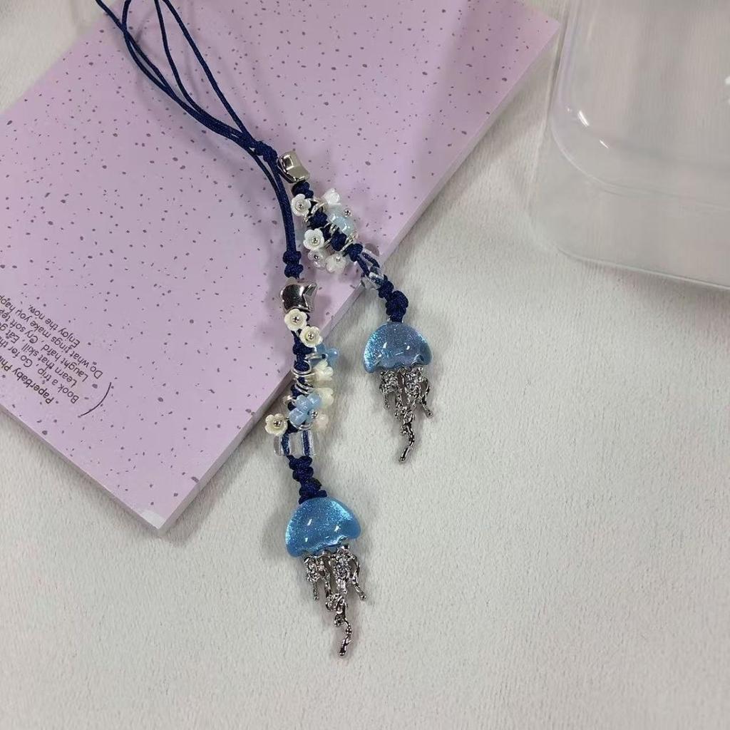 Ozean Quallen Perlen Handyanhänger Handgefertigt Blaue Blume Kristall Anhänger Ästhetisch Tasche Kamera Schlüsselanhänger