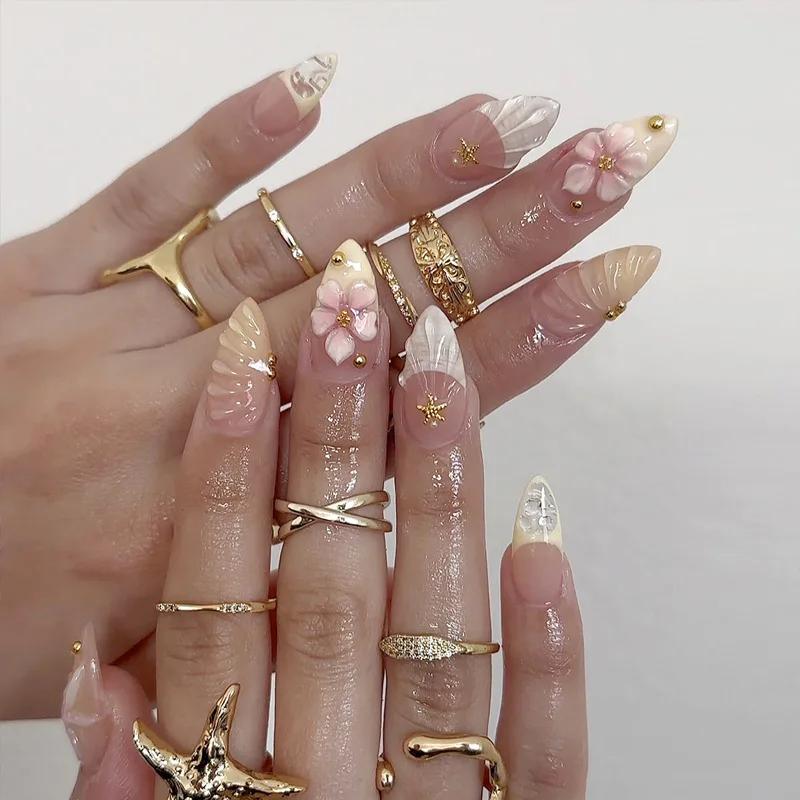 Beach Themed Press On Nails, Almond Fake Nails with 3D Seashell & Flower Design, Gold Accent Su