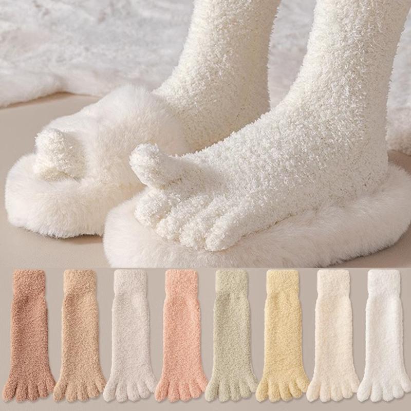 Women Thick Five Finger Socks Winter Warm Coral Fleece Fluffy Toe Socks Striped Soft Cozy Hosiery Laides Female Floor Slippers