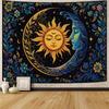 VIKAMA Tapiz Sol Luna Dormitorio Hippie Bohemio Flor Tapiz de Pared Flor Retro Plantas Espíritu Celestial Gran Tapiz
