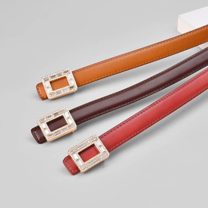 New Women's Belt Inlaid with Crystal Diamond Square Buckle Decorative Strap Versatile Women's Genuine Leather Smooth Buckle Belt