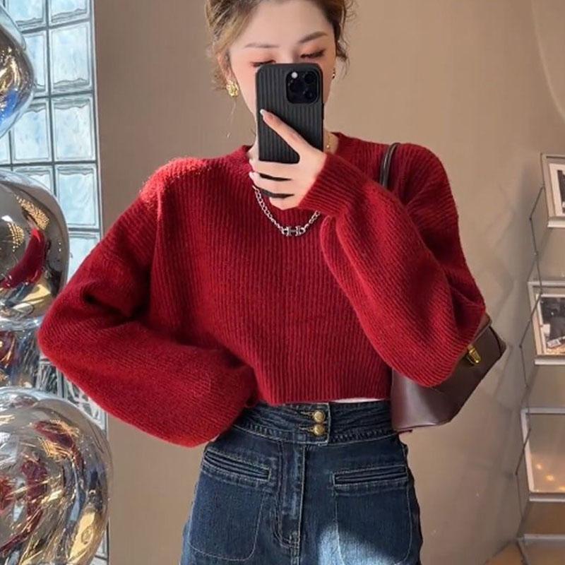 

Женский вязаный свитер неправильной формы с длинными рукавами, осень 2023, свободный однотонный однотонный свитер с круглым вырезом, уникальный короткий весенне-осенний свитер, женский пуловер One Size красный