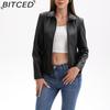 BITCED Fashion Women's Leather Jacket, Short Leather Jacket, Knitted Patchwork Stretch Coat