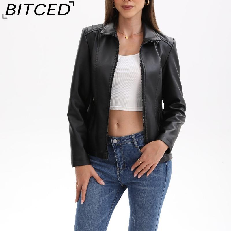 BITCED Fashion Women's Leather Jacket, Short Leather Jacket, Knitted Patchwork Stretch Coat