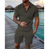 Mens Casual Solid Color Textured Half Zip Polo Shirt And Shorts Two Piece Set