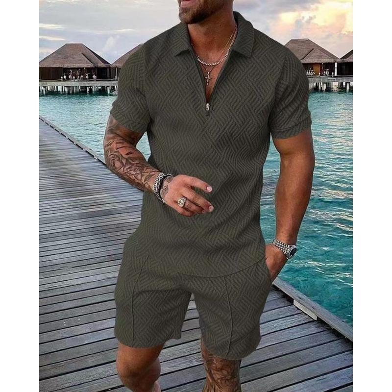 Mens Casual Solid Color Textured Half Zip Polo Shirt And Shorts Two Piece Set