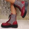 Retro Red Bling Shiny Boots for Women Lace Up Plus Size Ankle Boots Woman Spring Autumn Round Toe Thick Bottom Botas Mujer