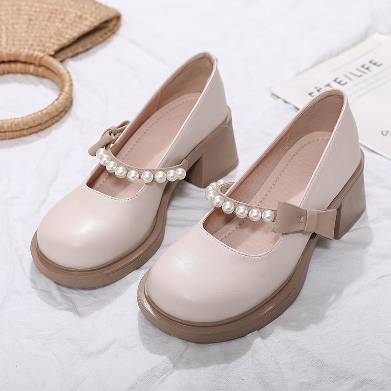 

Mary Jane shoes spring summer Internet celebrity white high heels women French thick heel light mouth small leather shoes single shoes women 40 абрикосовый