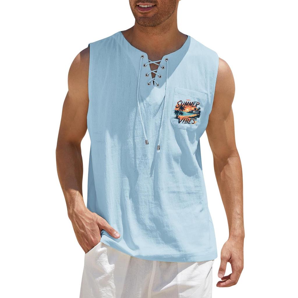 Men's Hawaiian Print Tank Top - Loose Fit Sleeveless Vest with Adjustable Tie for Casual Sports