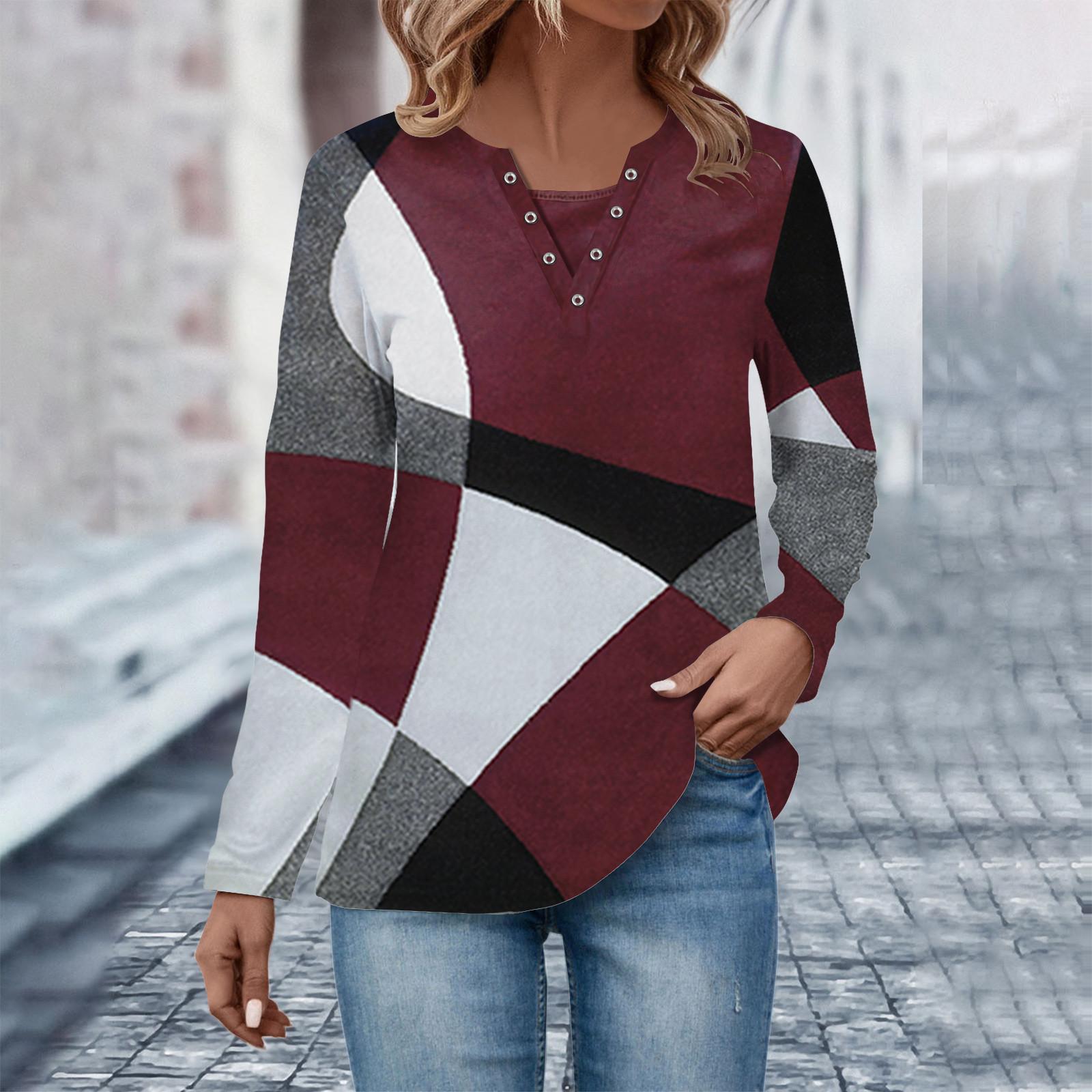 

Женская повседневная модная винтажная толстовка с длинным рукавом и v-образным вырезом с принтом, многослойный пуловер, топ XXL винный