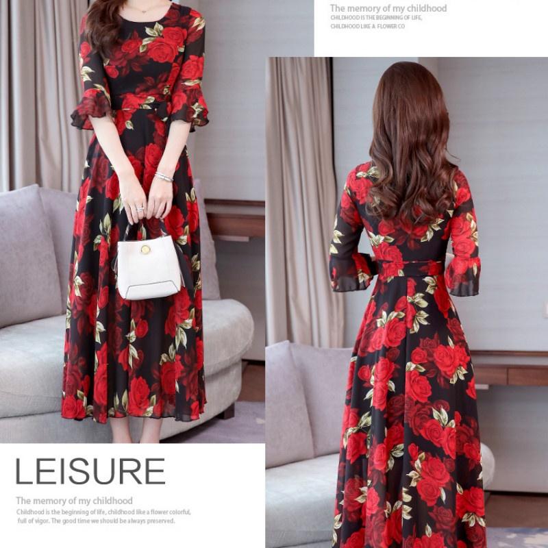 Summer Print Large Size Dress Long Paragraph Fashion Slim Big Swing Beach Skirt Female