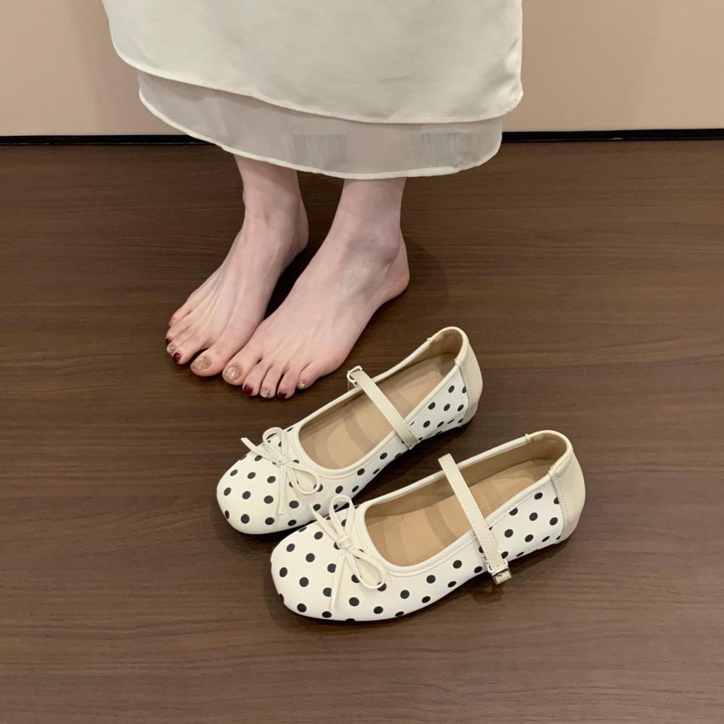 Ladies' Polka Dot Mary Jane Shoes, Women's Interior Height Increasing, Spring and Summer Bow Single Shoes with Skirt and Small Leather Shoes