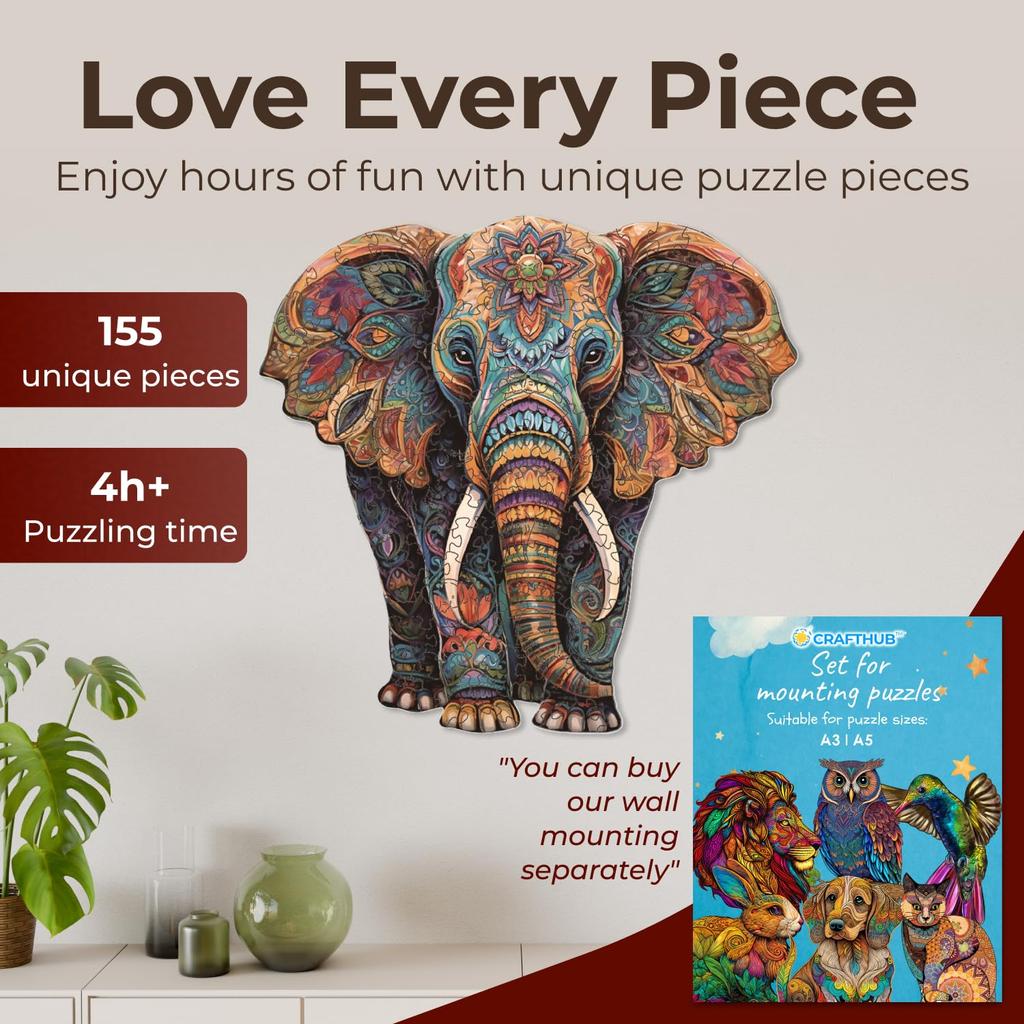 CRAFTHUB Holzpuzzles – Lebendiges Elefantenpuzzle – Holzpuzzles für Erwachsene & Kinder – Einzigartig geformtes Holz, Familienspiel, Erwachsenengeburtstag,