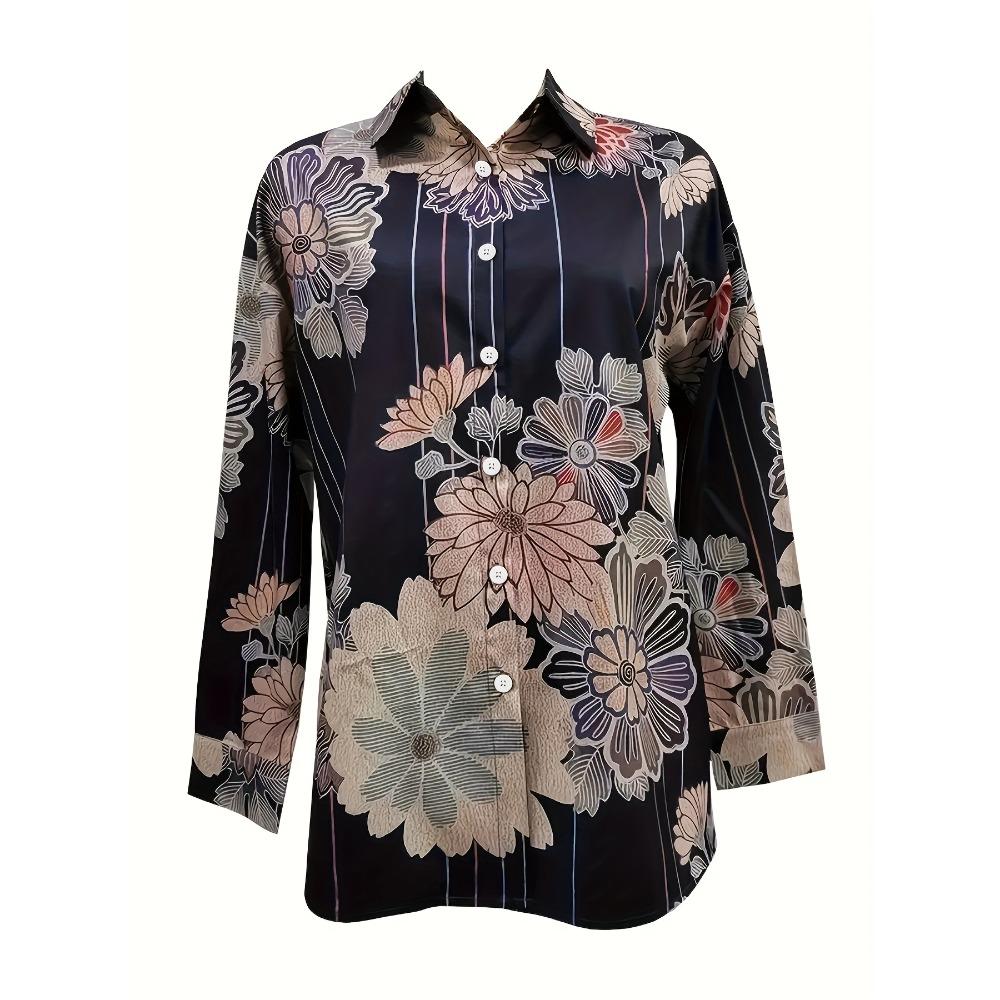 Women's Vintage Floral Print Long Sleeve Shirt - Casual Button Up Top, Classic Neckline, Machine Washable