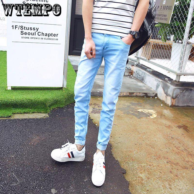 WTEMPO Męskie Jeansy Letnie Cienkie Jednokolorowe Elastyczne Dopasowane Jeansy Proste Spodnie Codzienne Wszechstronne Męskie Spodnie