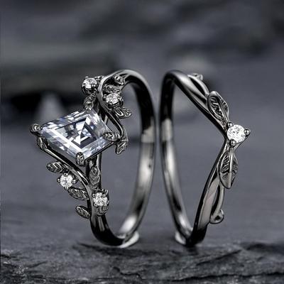Charm Schwarze Farbe Runde Weiße Stein Blatt Ringe Set Mode Party Schmuck Ringe für Frauen