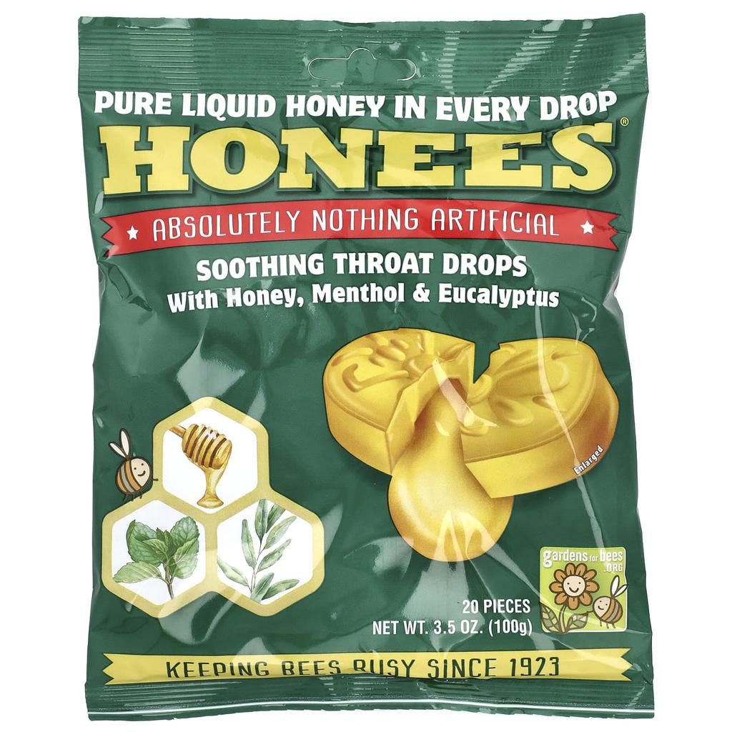 Soothing Sore Throat Drops with Honey, Menthol and Eucalyptus, 20 Count, 100G (3.5Oz)