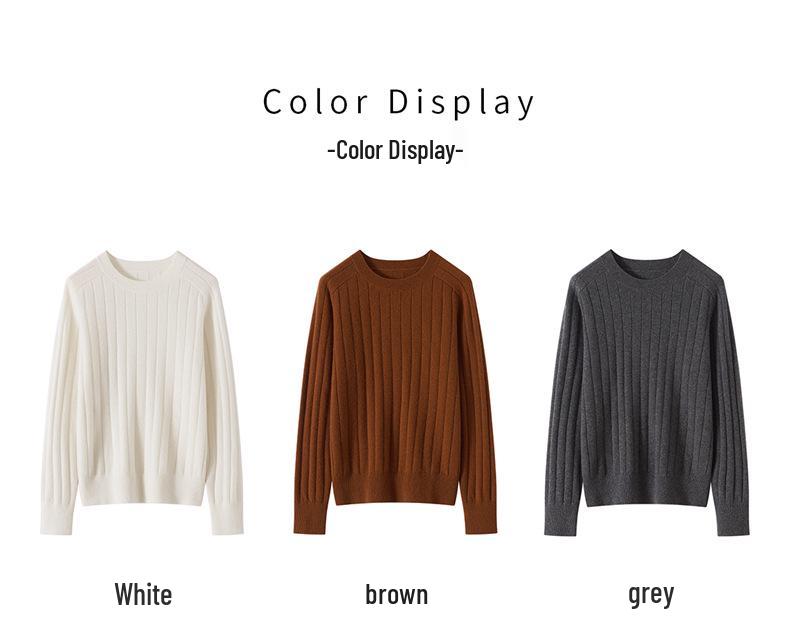 Women's Pure Cashmere Ribbed Knit Pullover - Autumn/Winter Round Neck Base Layer