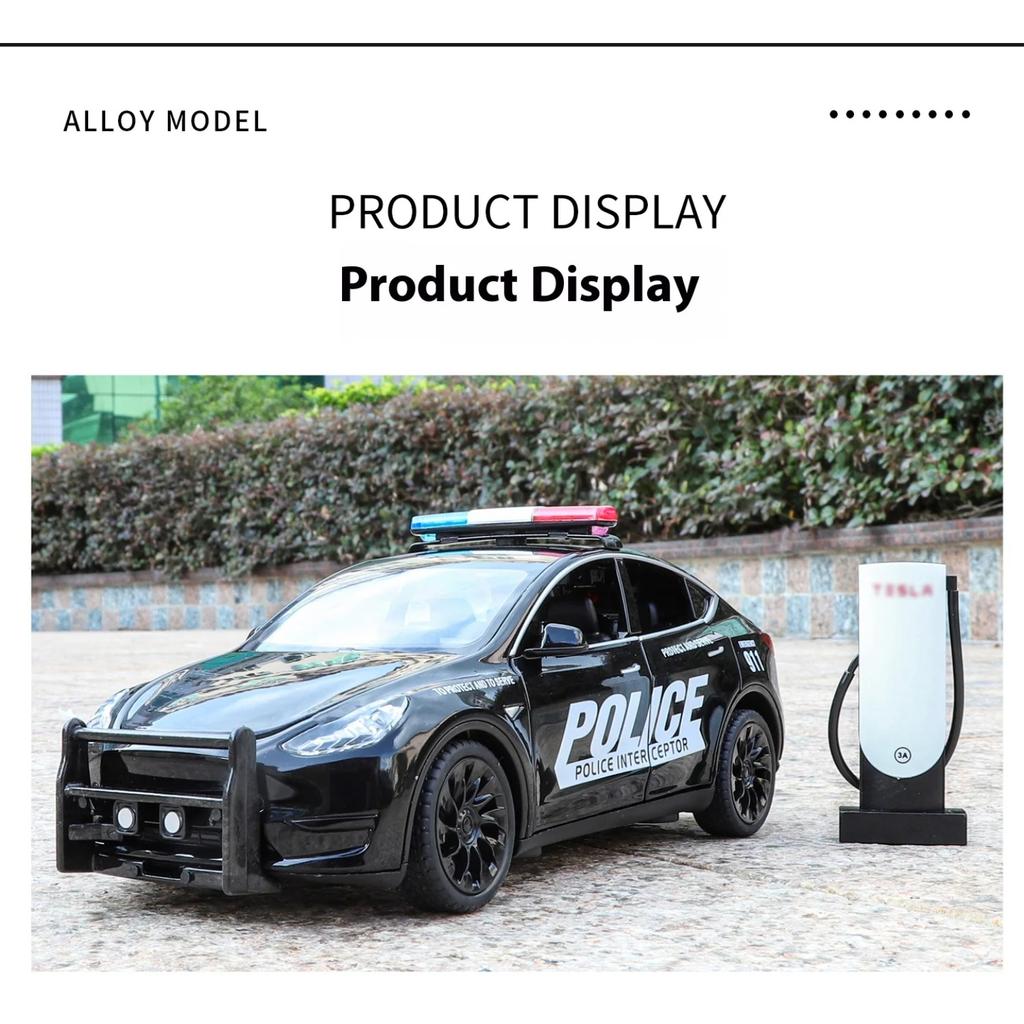 1/24 Metal Die-cast Tesla Armored Police Car Model Simulation Sound and Light Door Can Open Children's Toys Ornaments Birthday Gift