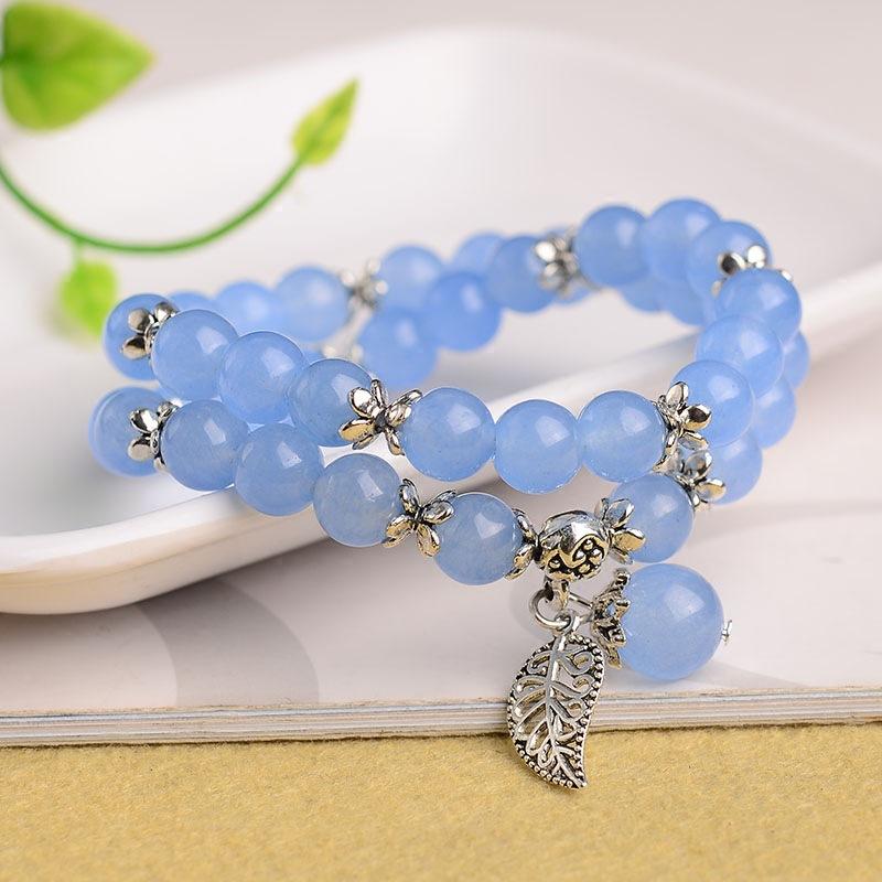 Fresh Blue Chalcedony Bracelet Tibetan Silver Women'S Single Circle Multi-Circle Pink Crystal Trick Peach Blossom Yellow And Blue Bracelet Gift Leaf