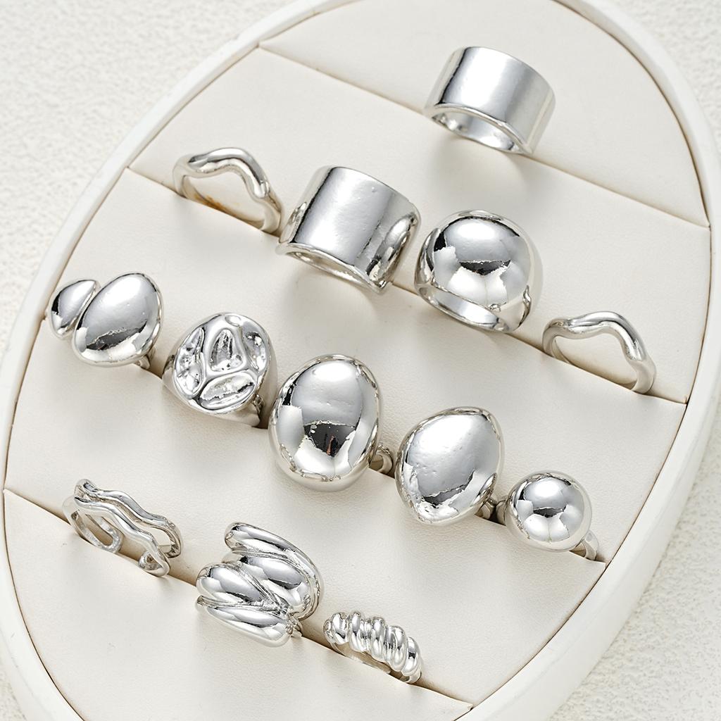13 Pcs Punk Smooth Open Ring Set Fashion Silver Color Smooth Geometric Adjustable Metal Rings Women's Aesthetics Party Jewelry