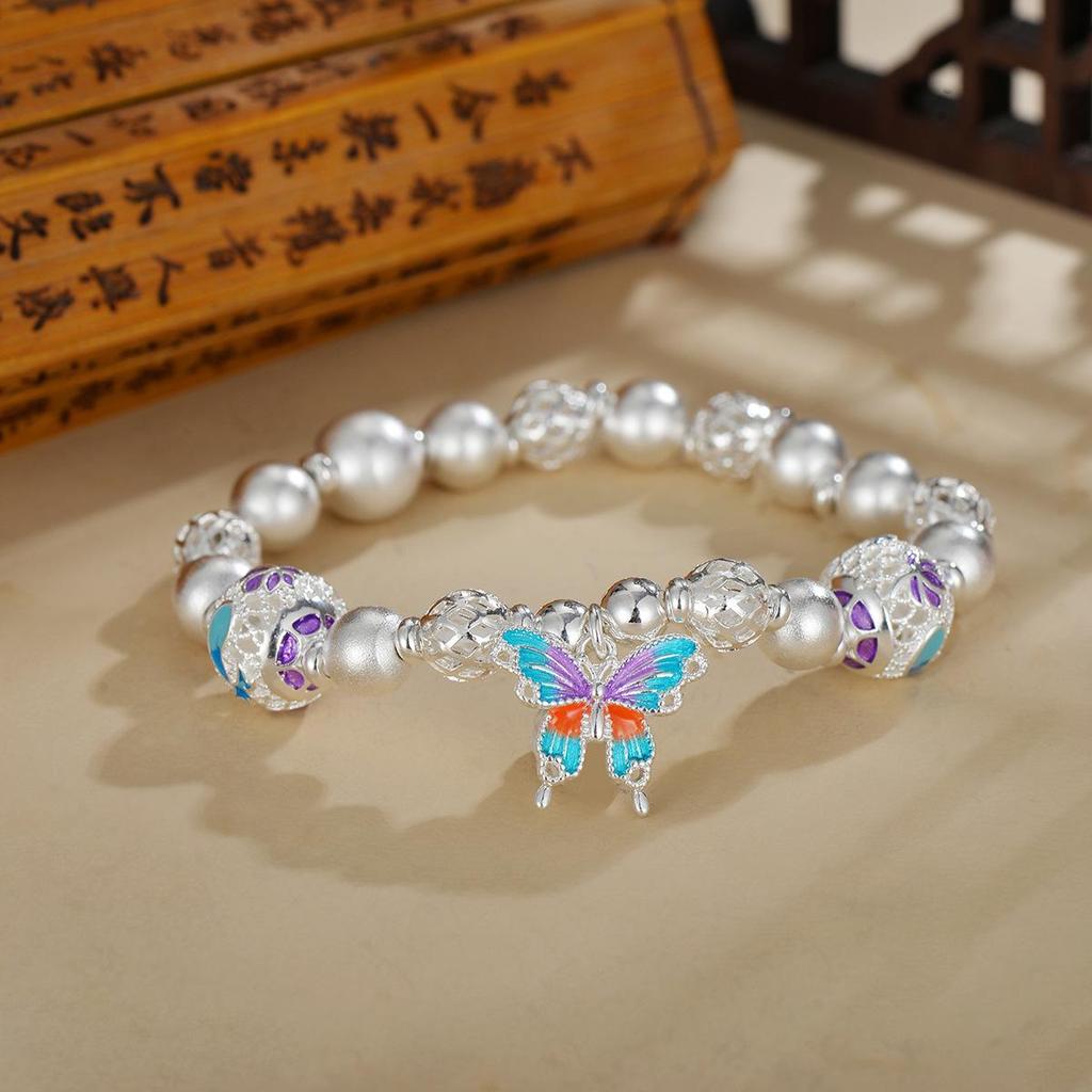 Exquisite Chinese-Style Enamel Butterfly Bracelet In Silver-Plated White Copper