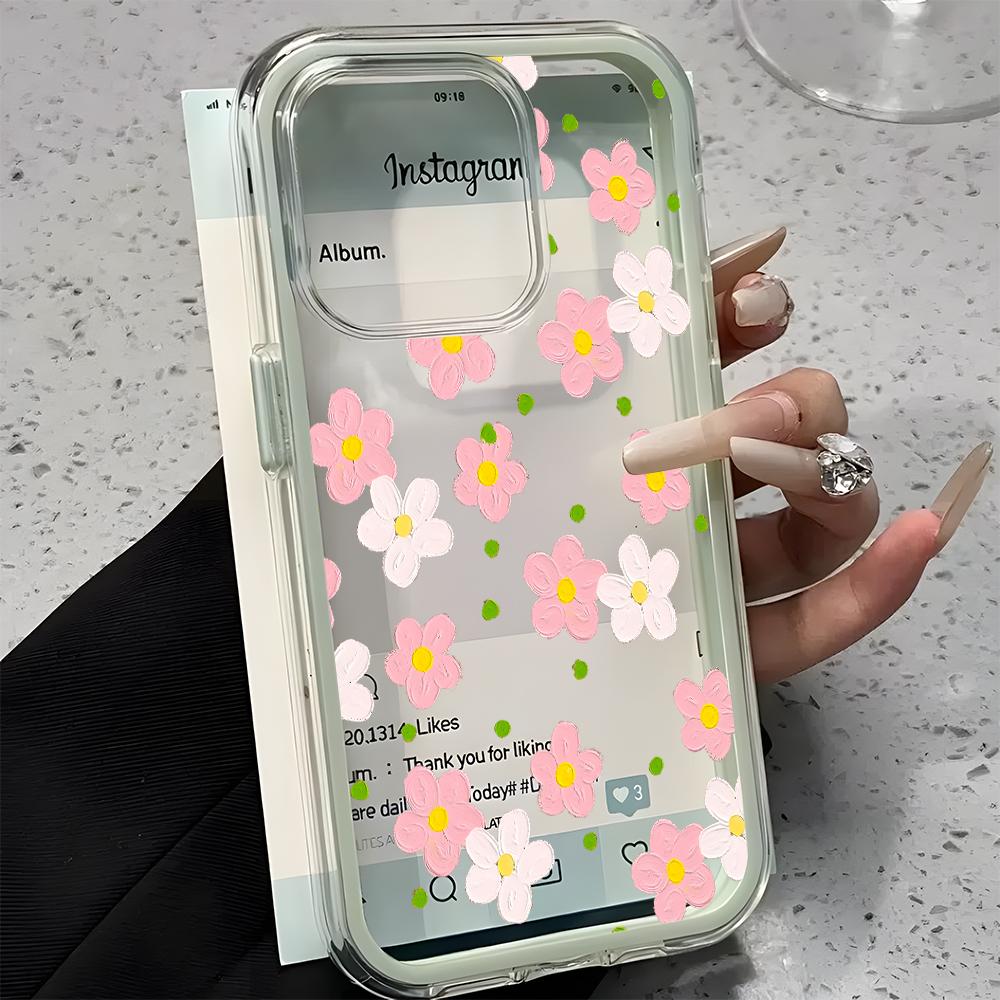 Oil Painting Pink Daisy Pattern Clear Phone Case For iPhone 17 Air 16 15 14 13 12 11 Pro Max Plus 2 in 1 Candy Color Soft Cover