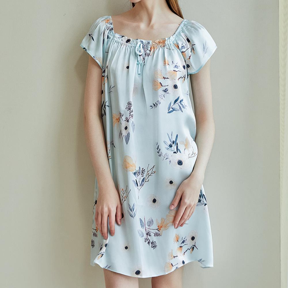 Women's Summer Short Sleeve Printed 100% Mulberry Silk Pajama Dress - Mid-length, Plus Size, Loose-fit Nightgown
