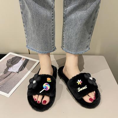 Mode 2024 Winter Nieuwe Dames Huis Effen Kleur Bloem Snoep Versierd Pluizige Harige Katoenen Pantoffels