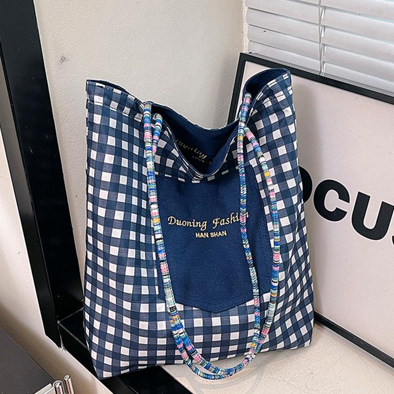 American double-sided bag plaid canvas bag women's tote bag retro contrasting color hand bag spring new parent-child bag