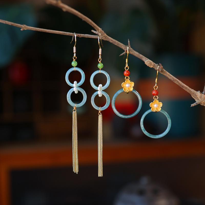 Retro Jade Hoop Earrings with Blue Water Tassels - 925 Sterling Silver Studs