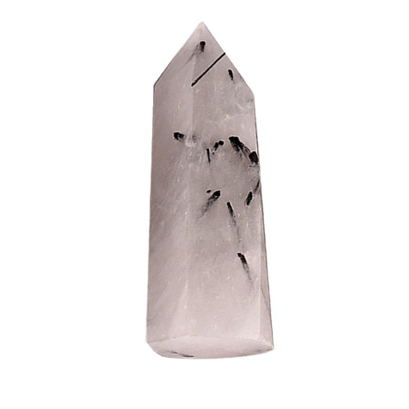 Ornamento de Decoração para Casa em Pilar Hexagonal de Turmalina Negra Natural e Quartzo Rutilado