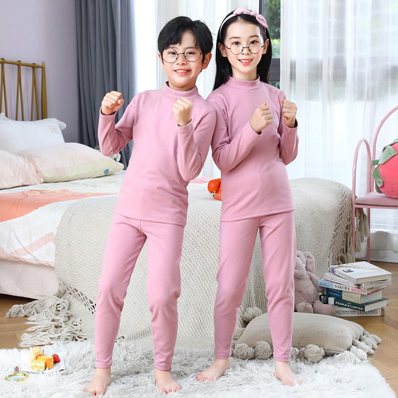 Children's Brushed Collar Underwear Set - Boys and Girls Warm Solid Color Autumn/Winter Pajamas