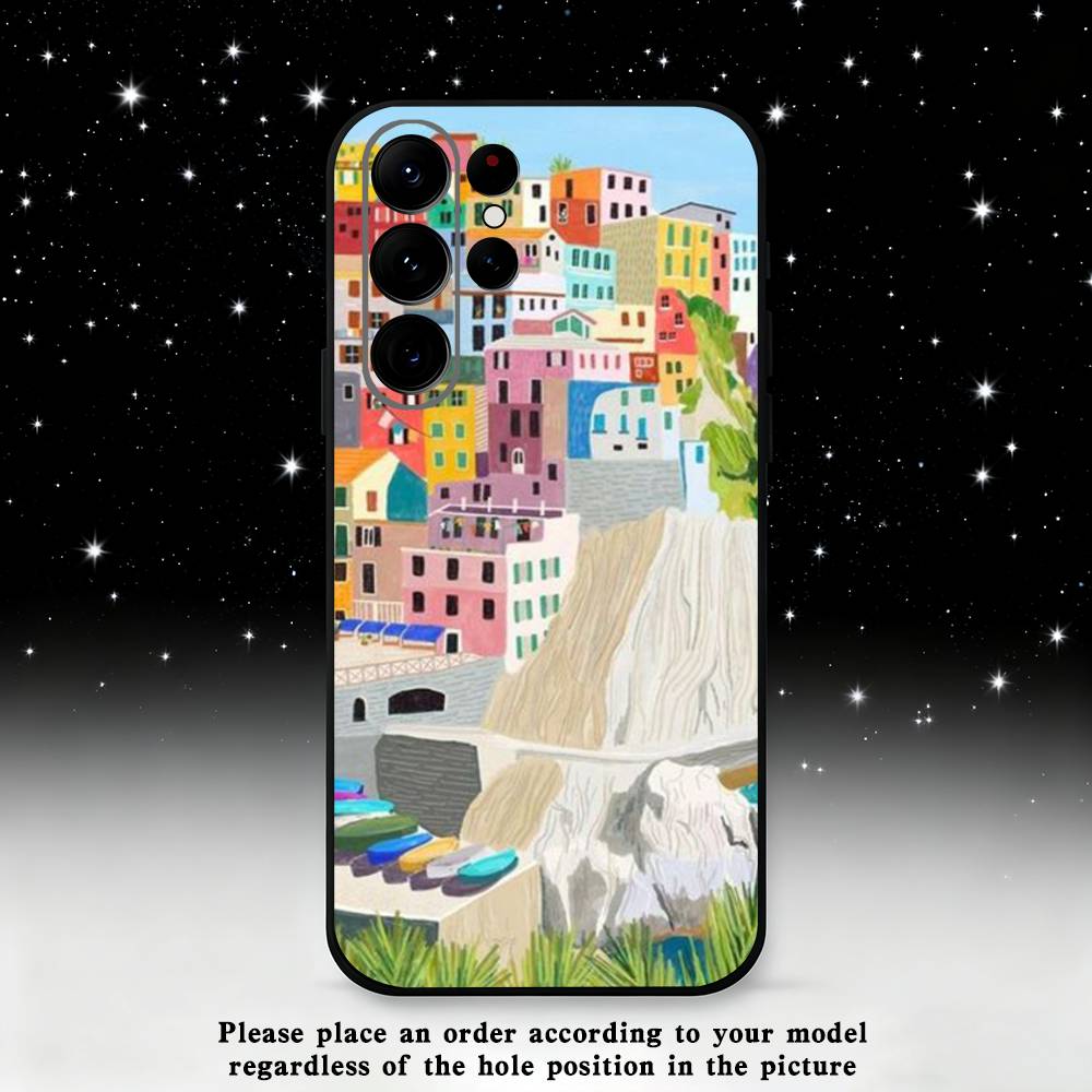 Stylized Houses Painting Phone Case For Samsung S25,S24,S23,S22,S21,S20,S10,Ultra,Plus,Lite,FE,Soft Silicone Black Cover