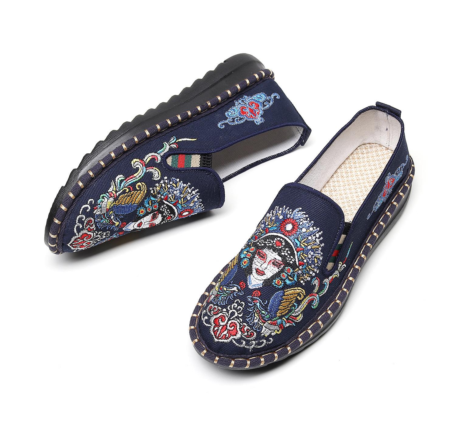 

Туфли из ткани в этническом стиле с вышивкой на плоской подошве, маска для лица в античном стиле с одной педалью, фиксирующая нить, вышитая женская обувь 39 темно-синий