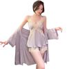 Sexy pajamas women's ice silk suspender shorts three-piece set pure desire with chest pad yellow robe popular loungewear
