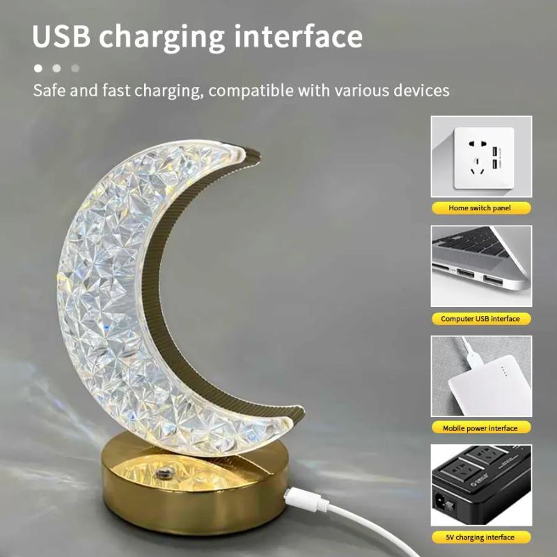 Bedroom Crystal Touch Dimming Night Light Girls Room Home Decor Aesthetics USB Bedside LED Ambient Table 3d Moon Lamp
