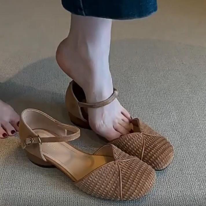 Sheepskin Version~ Retro Cute Bag Head Shoes Women's Summer Low Heel Leather Round Head Bohemian Style Word with Sandals