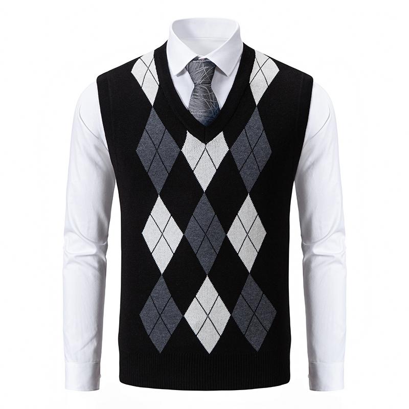 Herren Argyle Westen Mode V-Ausschnitt Ärmelloser Pullover Weste Luxus Kontrast Herren Strickweste