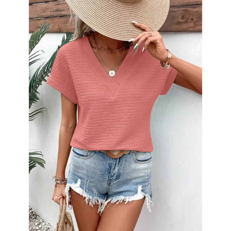 GMXIA Women's Fashion Casual Leisure Summer Solid Color Print Short Sleeve V-Neck Blouses & Shirts