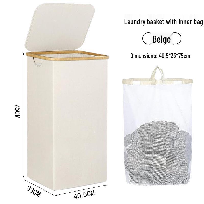 Foldable Bamboo Laundry Hamper with Lid - Oxford Cloth Dustproof Storage Basket