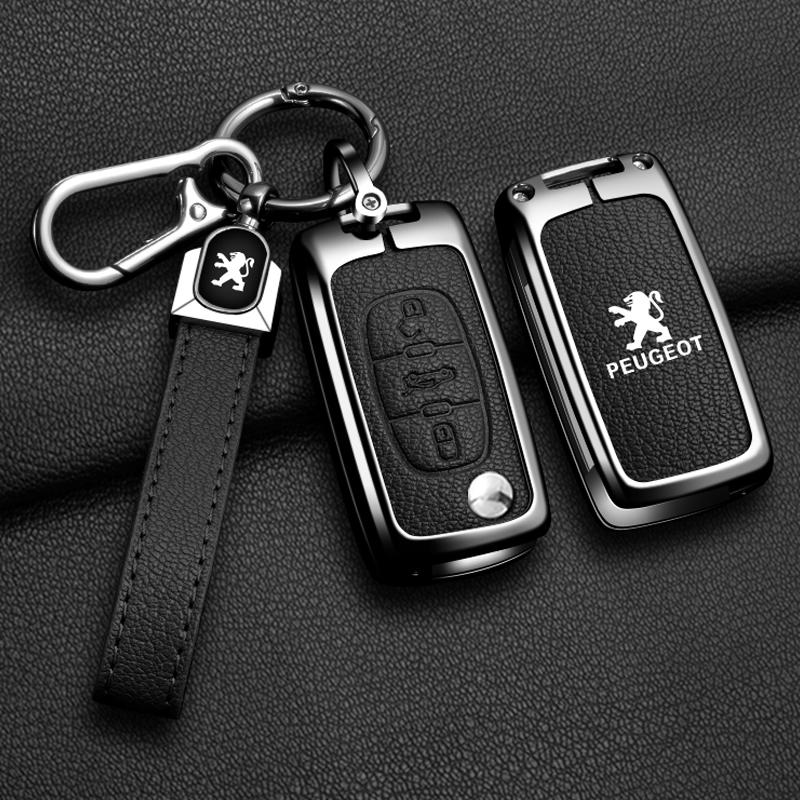 2026 Hete Auto Sticker Legering Leer Auto Flip Afstandsbediening Sleutelhoes Fob Cover Houder Shell voor Peugeot 207 307 308 407 607 807 Beschermer