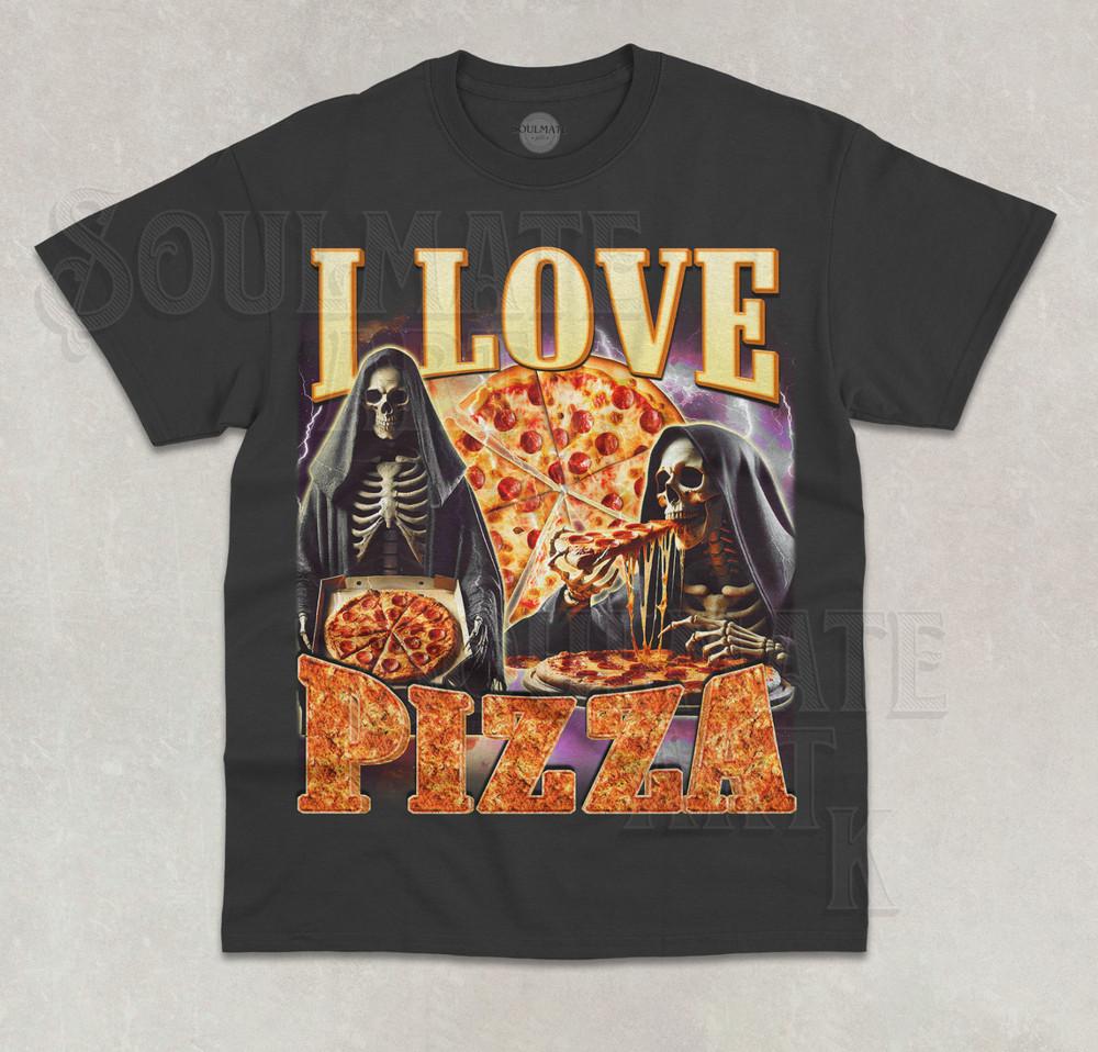 Women's Graphic Tee I Love Pizza T-Shirt Funny Evil Skeleton Food Lover Meme Unisex Graphic Shirt