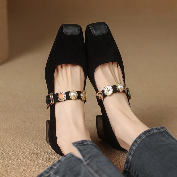 

Power Power of the same style~ Sheepskin small single shoes 2025 spring inside and outside full leather thick heel multi-treasure shoes square head M 39 коричневый