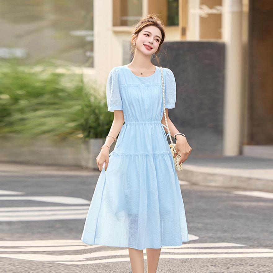 Summer new design sense elegant temperament round neck wooden ear edge fresh waist dress women