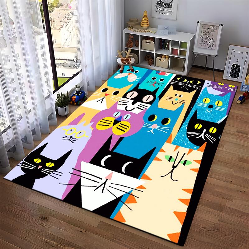 Colorful Cartoon Cats Illustration Printed on Carpet Whimsical and Artistic Design Suitable for use as an anti-slip for room and bedroom sofas
