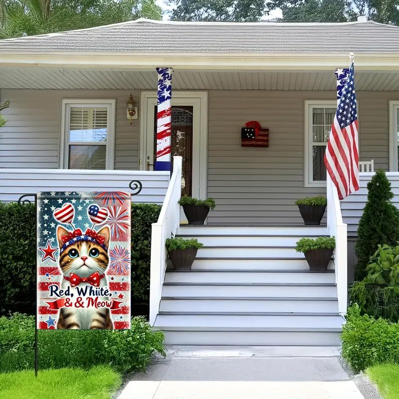 4th of July Patriotic Cat Garden Flags for Outside 12x18 Double Sided, Small Burlap Holiday Independence Day Memorial Day Ya