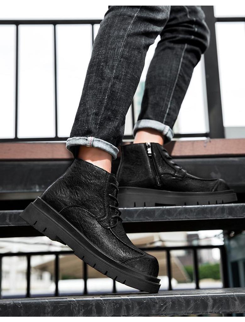 Men's Cowhide Lace-up Martin Boots - Winter Thick Sole, Outdoor Casual, Height-increasing Mid-top Work Shoes