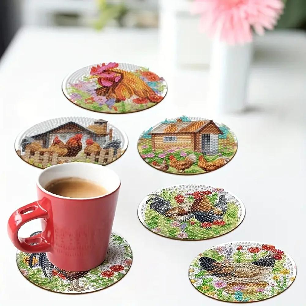 8 Pieces/set of Diamond Painted Chicken Farm Pattern Coasters,DIY Coasters with Holder,Suitable for Beginners and Adults, Art and Craft Supplies Gifts